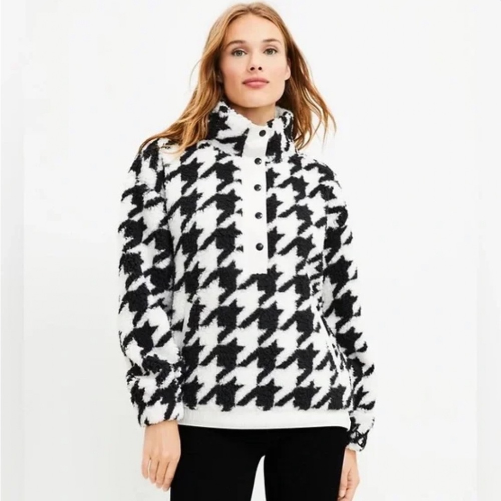 LOU & GREY Black and White Houndstooth Teddy Jacket Sherpa Jacket Size M